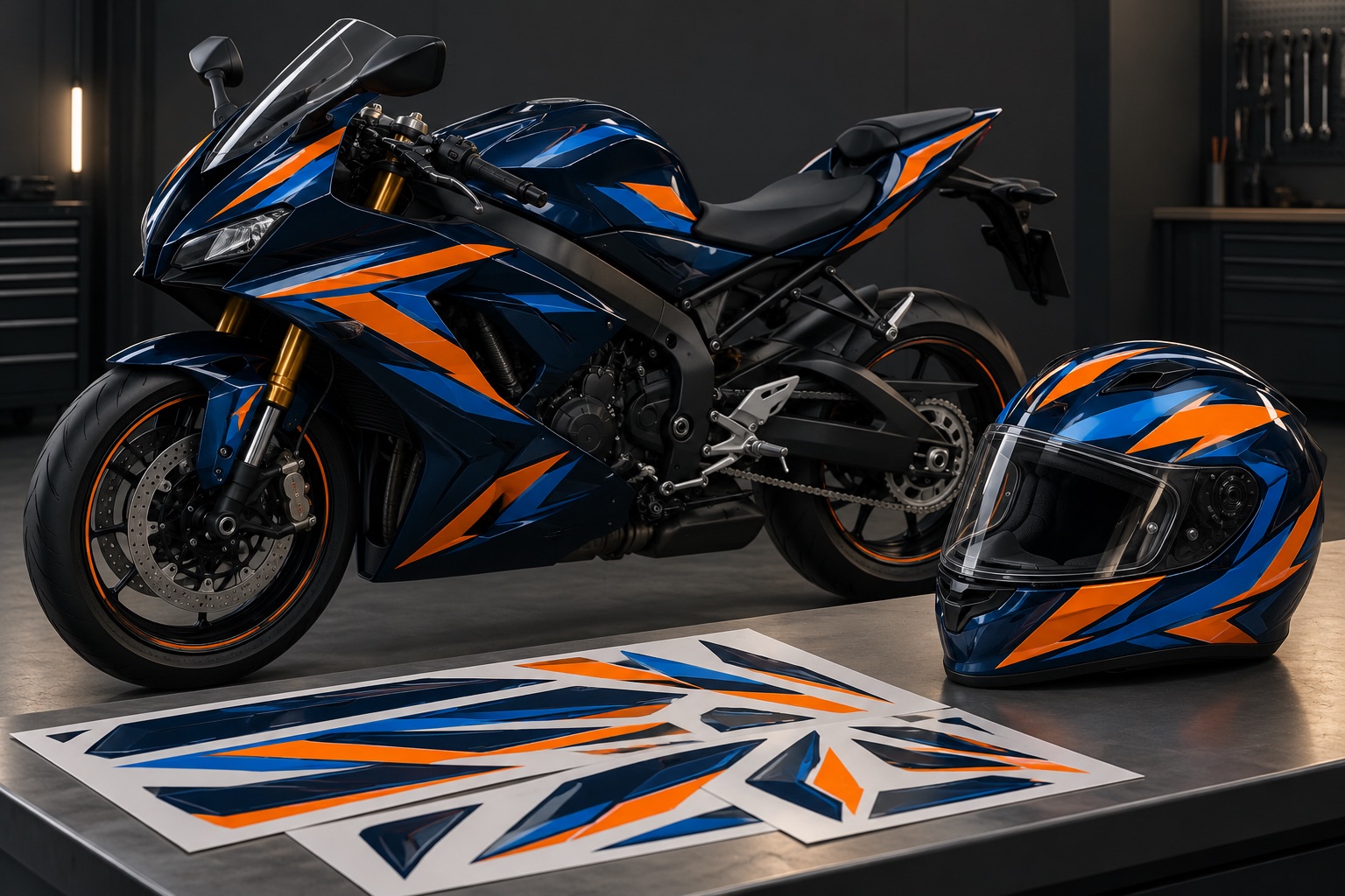 Esempio illustrativo di adesivi geometrici blu e arancio per moto e casco, con fogli di adesivi sagomati