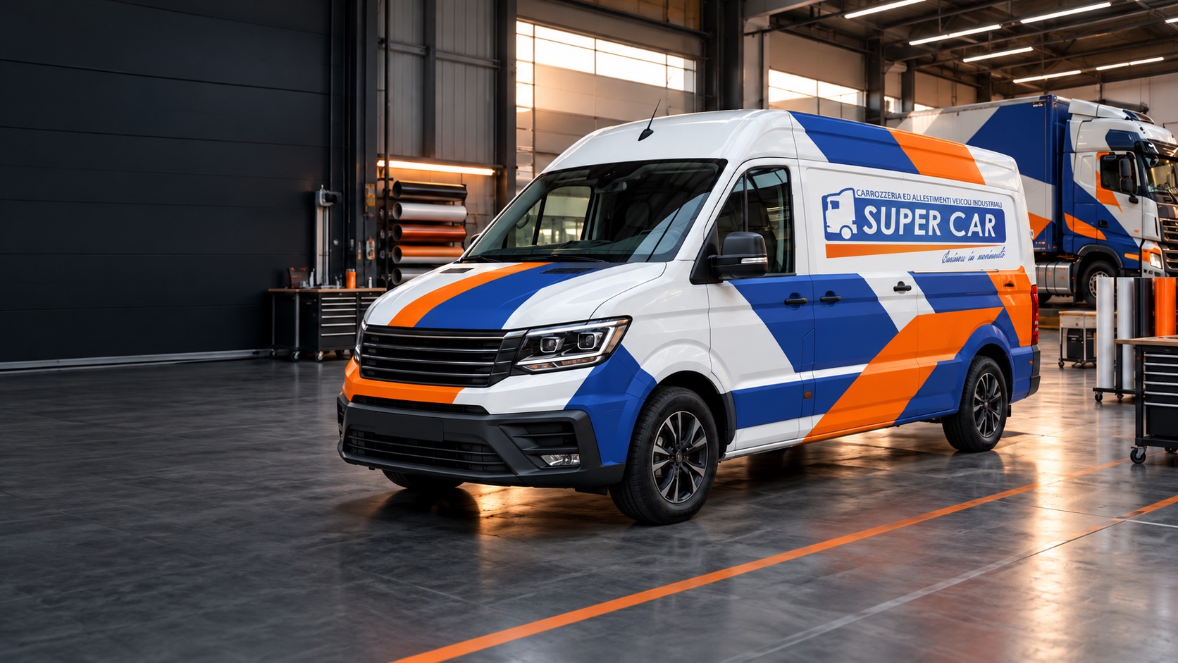 Esempio illustrativo di furgone con decorazione blu e arancio e logo Super Car nella falsa finestra laterale